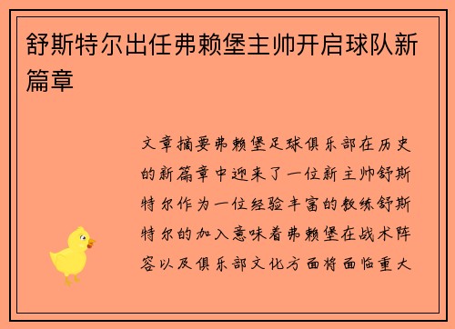 舒斯特尔出任弗赖堡主帅开启球队新篇章