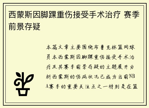 西蒙斯因脚踝重伤接受手术治疗 赛季前景存疑