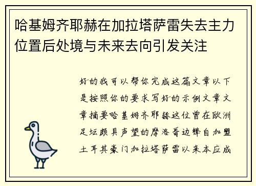 哈基姆齐耶赫在加拉塔萨雷失去主力位置后处境与未来去向引发关注 哈基姆齐耶赫在加拉塔萨雷失去主力位置后处境与未来去向引发关注