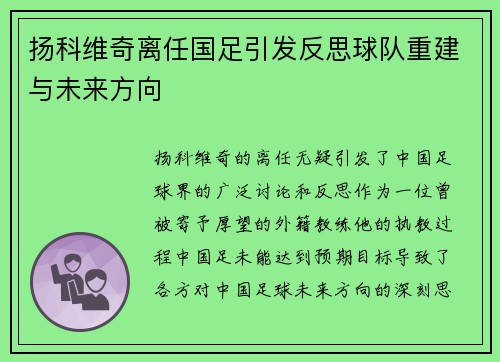 扬科维奇离任国足引发反思球队重建与未来方向 扬科维奇离任国足引发反思球队重建与未来方向
